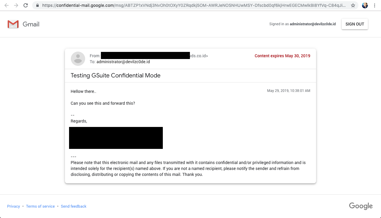 Google confidential mode opened