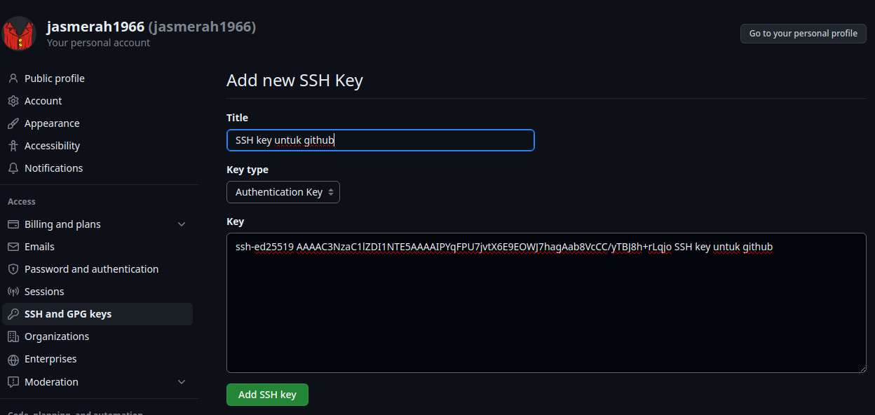 menambahkan SSH key baru ke akun GitHub
